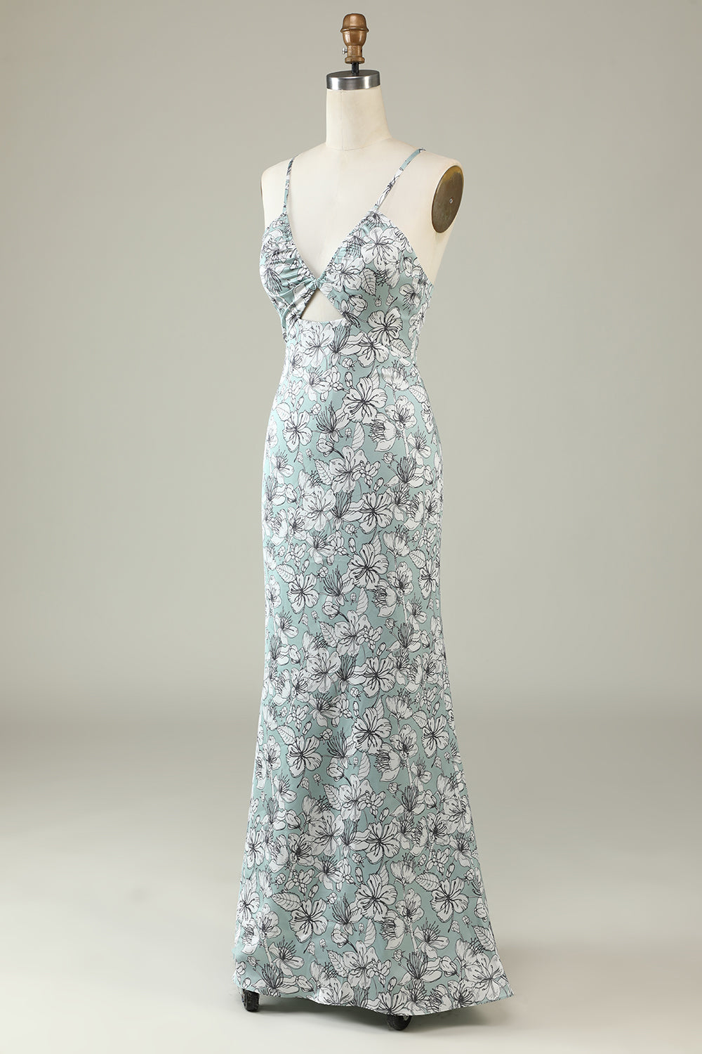 Grey Green Mermaid Floral Bridesmaid Dress