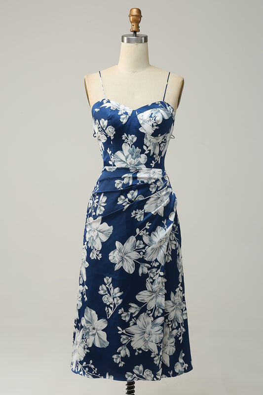 Spaghetti Straps Ink Blue Floral Bridesmaid Dress