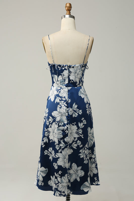 Spaghetti Straps Ink Blue Floral Bridesmaid Dress