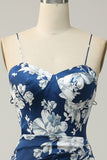 Spaghetti Straps Ink Blue Floral Bridesmaid Dress