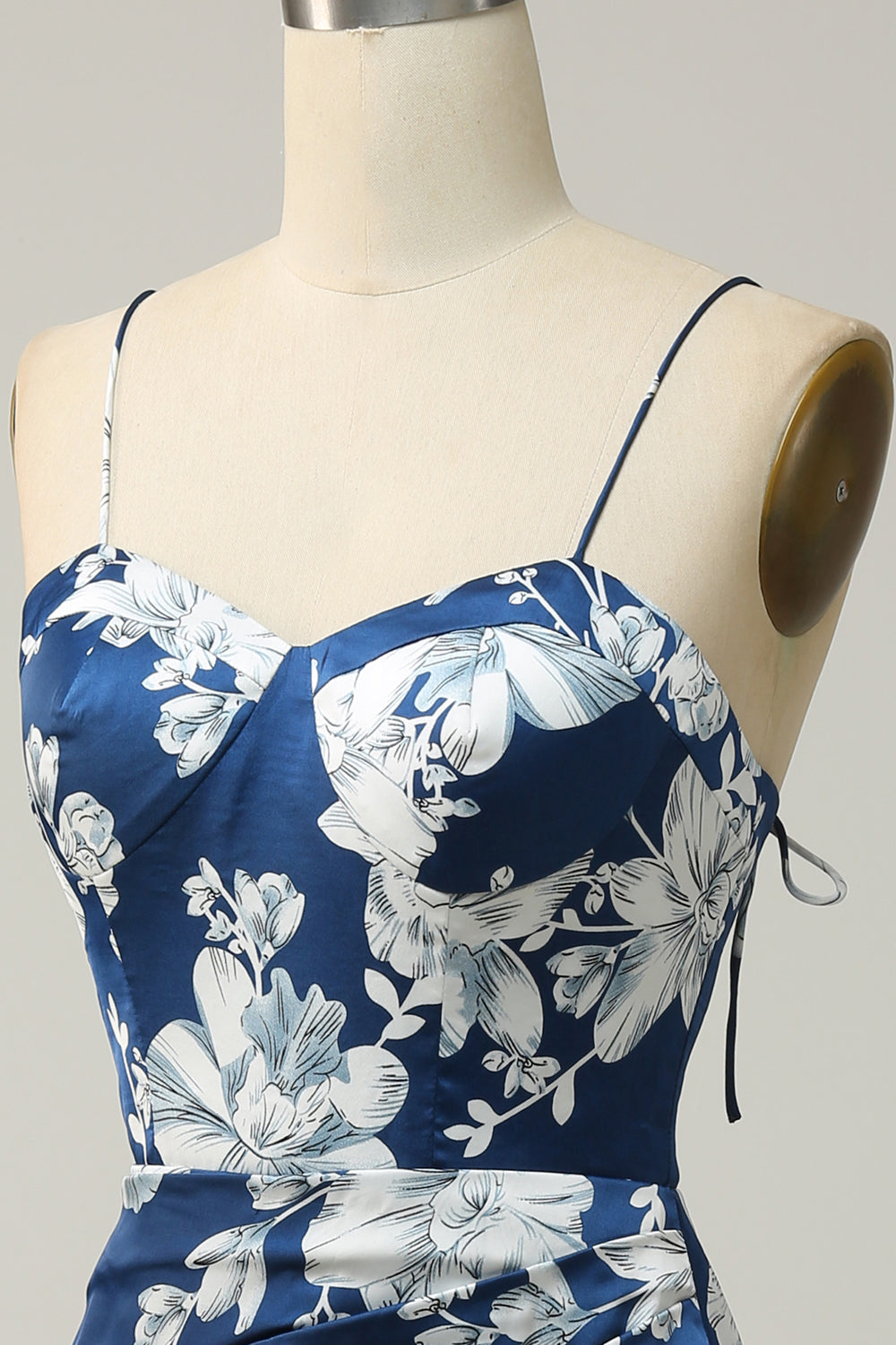 Spaghetti Straps Ink Blue Floral Bridesmaid Dress