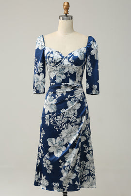 Long Sleeve Ink Blue Floral Bridesmaid Dress