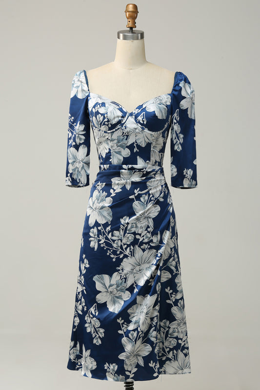 Long Sleeve Ink Blue Floral Bridesmaid Dress