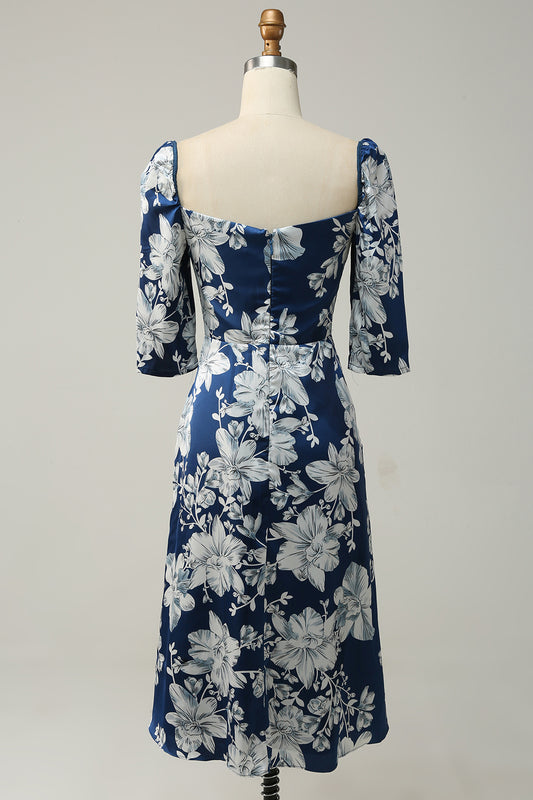 Long Sleeve Ink Blue Floral Bridesmaid Dress