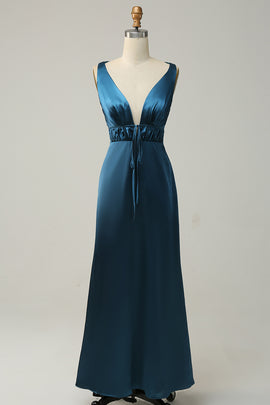 Ink Blue Deep V neck A line Bridesmaid Dress