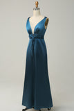 Ink Blue Deep V neck A line Bridesmaid Dress