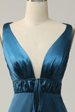 Ink Blue Deep V neck A line Bridesmaid Dress