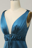 Ink Blue Deep V neck A line Bridesmaid Dress