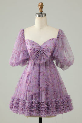 Purple A-Line Puff Sleeves Tulle Short Homecoming Dress