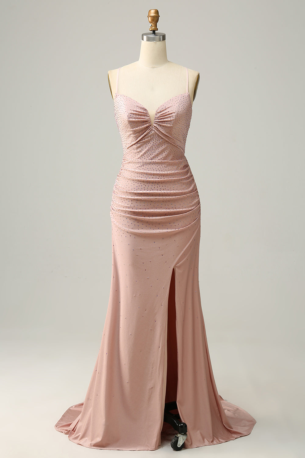 Mermaid Spaghetti Straps Blush Long Prom Dress with Beading