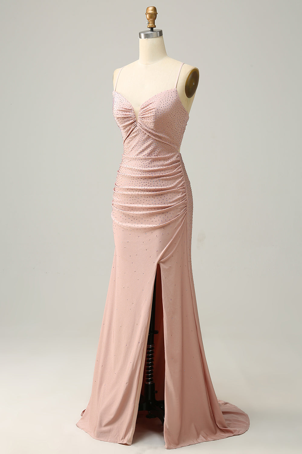 Mermaid Spaghetti Straps Blush Long Prom Dress with Beading