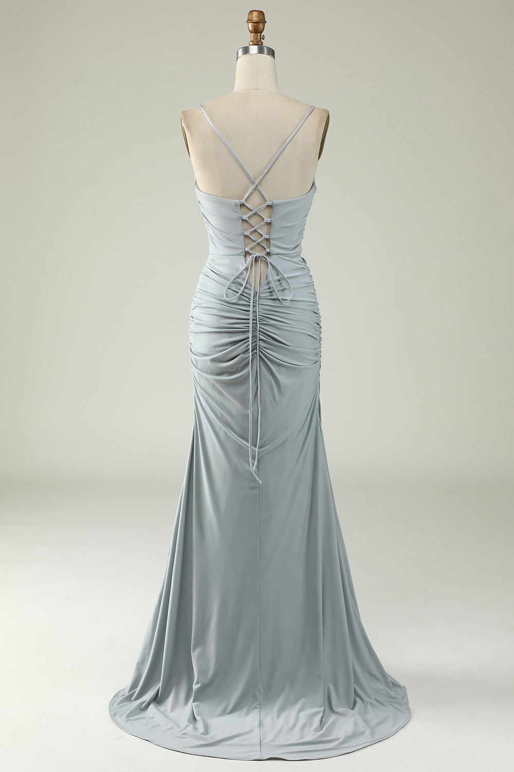 Mermaid Spaghetti Straps Grey Plus Size Prom Dress with Criss Cross Back