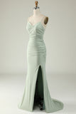 Mermaid Spaghetti Straps Grey Long Prom Dress with Criss Cross Back