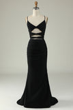 Mermaid Spaghetti Straps Black Plus Size Prom Dress with Keyhole