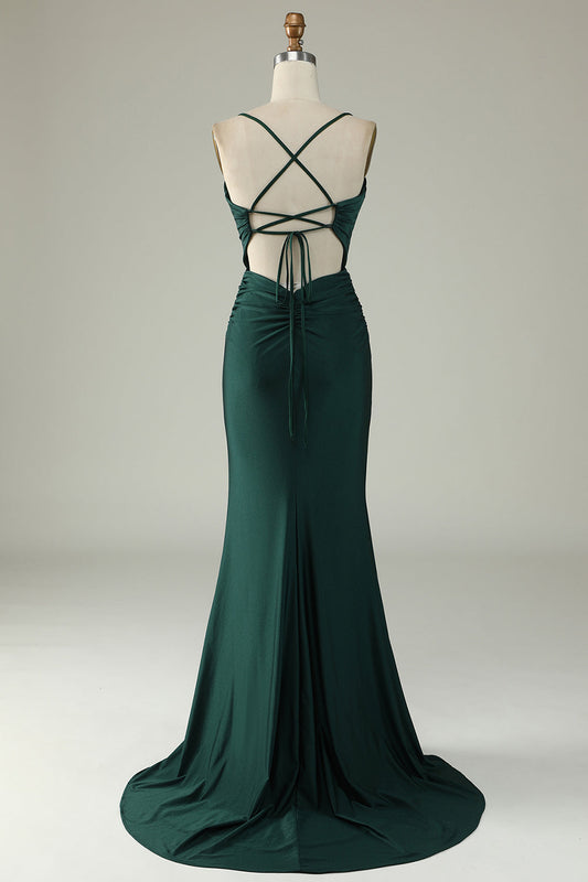 Mermaid Spaghetti Straps Dark Green Long Prom Dress