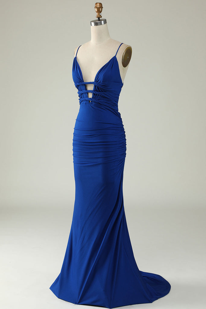 Criss-Cross Open Back Gown with Spaghetti Strap Royal Blue main image 0