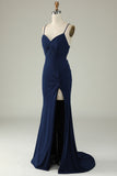 Mermaid Spaghetti Straps Red Wedding Guest Dress with Split Front