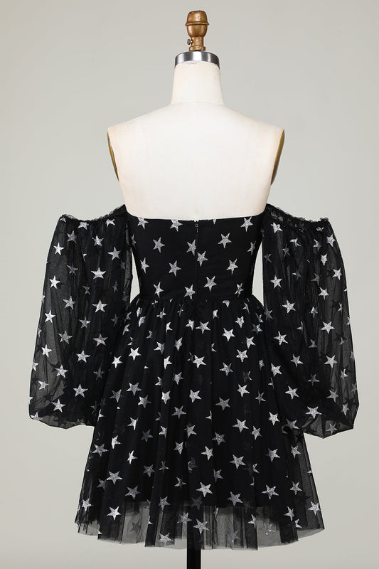 A Line Off the Shoulder Black Stars Short Homecoming Dress