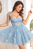 A Line Spaghetti Straps Grey Blue Short Homecoming Dress with Embroidery