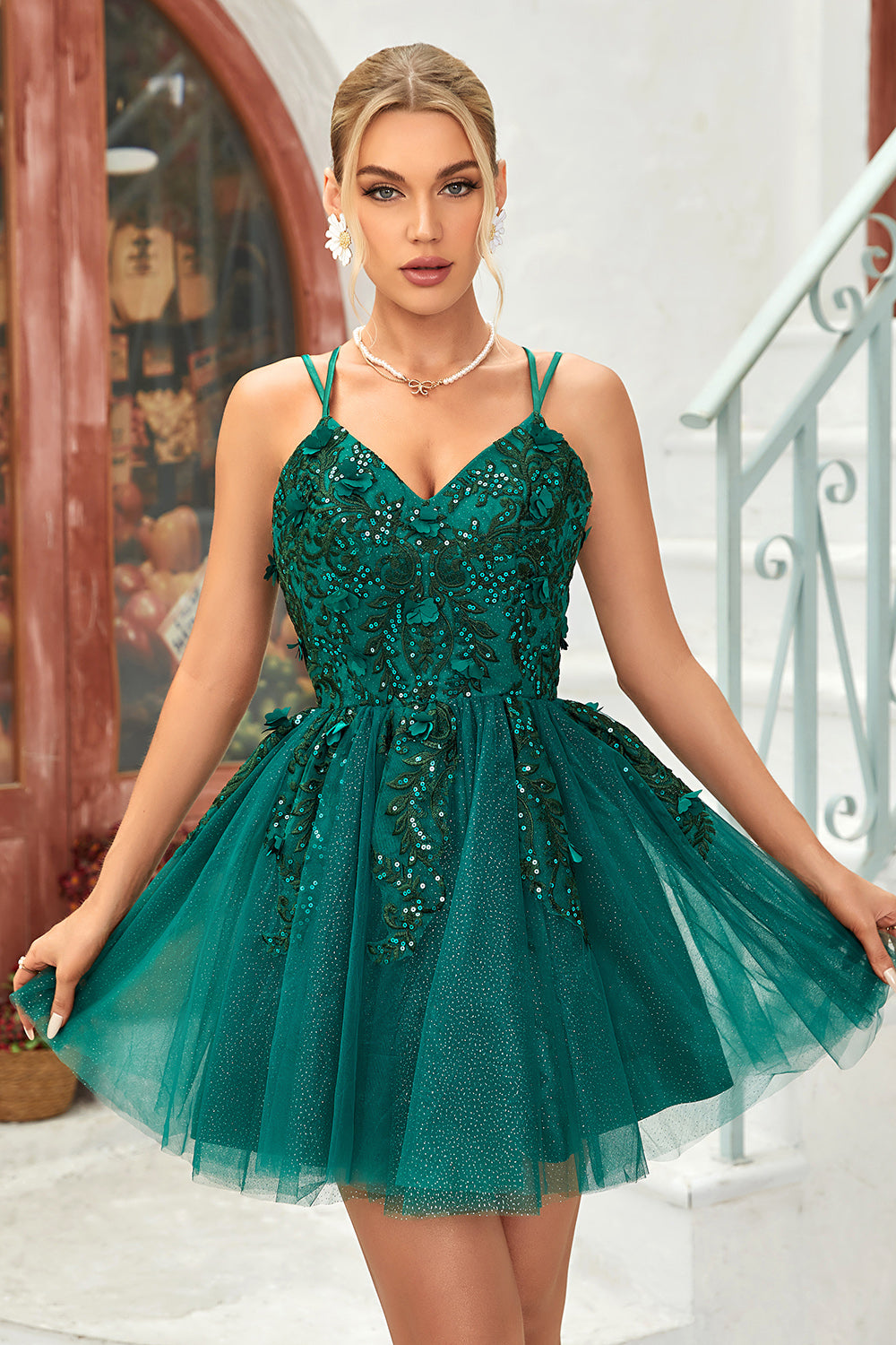 A Line Spaghetti Straps Dark Green Short Homecoming Dress with Appliques Beading
