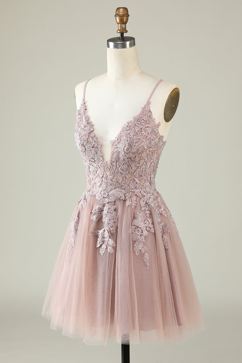 Spaghetti Straps Blush Short Tulle Homecoming Dress with Appliques