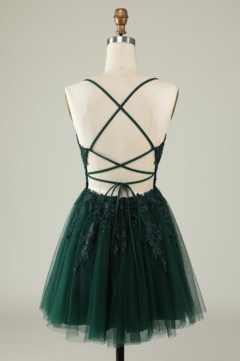 Spaghetti Straps Dark Green Short Tulle Homecoming Dress with Appliques