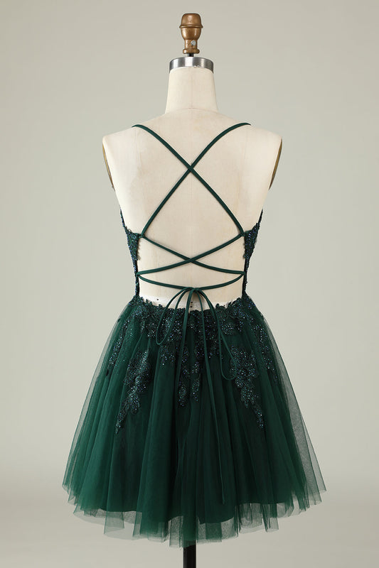Spaghetti Straps Dark Green Short Tulle Homecoming Dress with Appliques