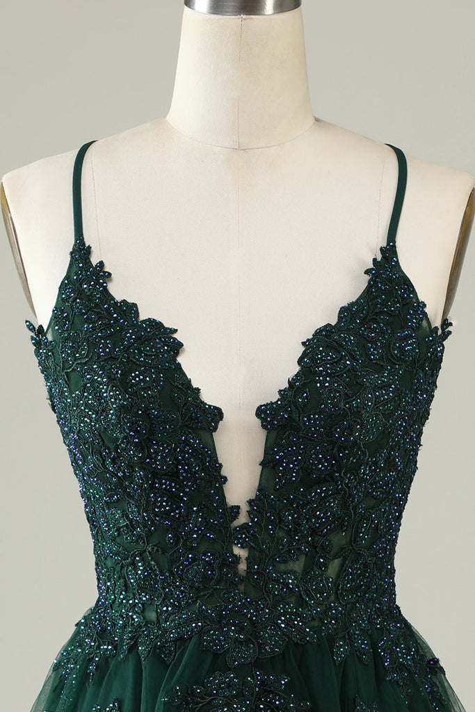 A Line Spaghetti Straps Dark Green Short Cocktail Dress with Appliques