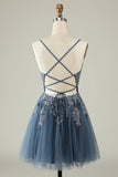 Spaghetti Straps Dark Green Short Tulle Homecoming Dress with Appliques