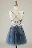 Spaghetti Straps Grey Blue Short Tulle Homecoming Dress with Appliques