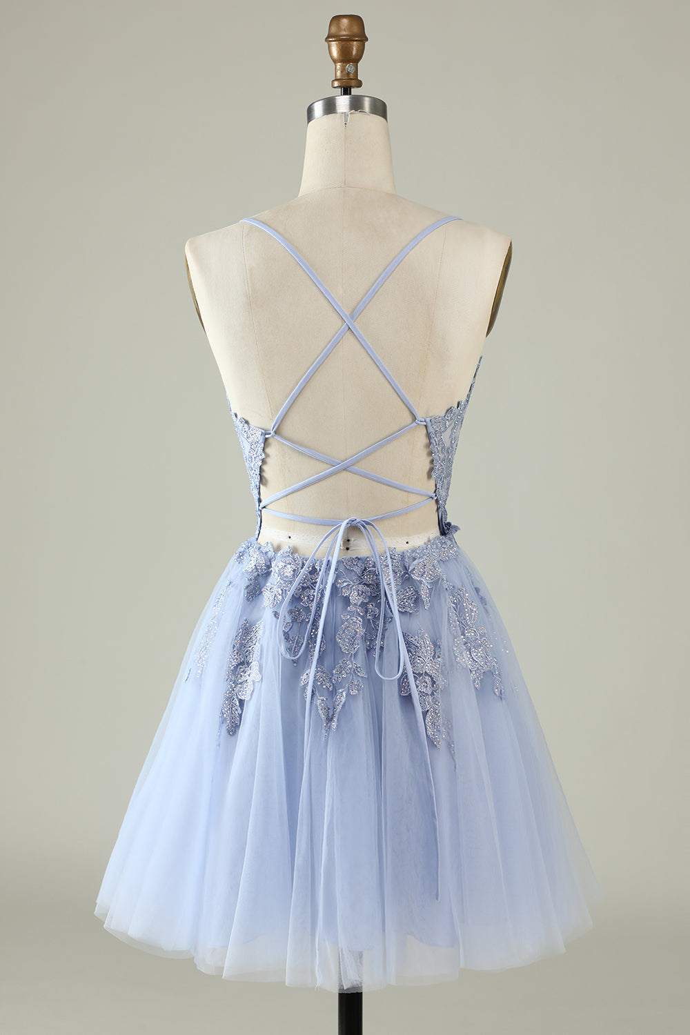 Spaghetti Straps Grey Blue Short Tulle Homecoming Dress with Appliques