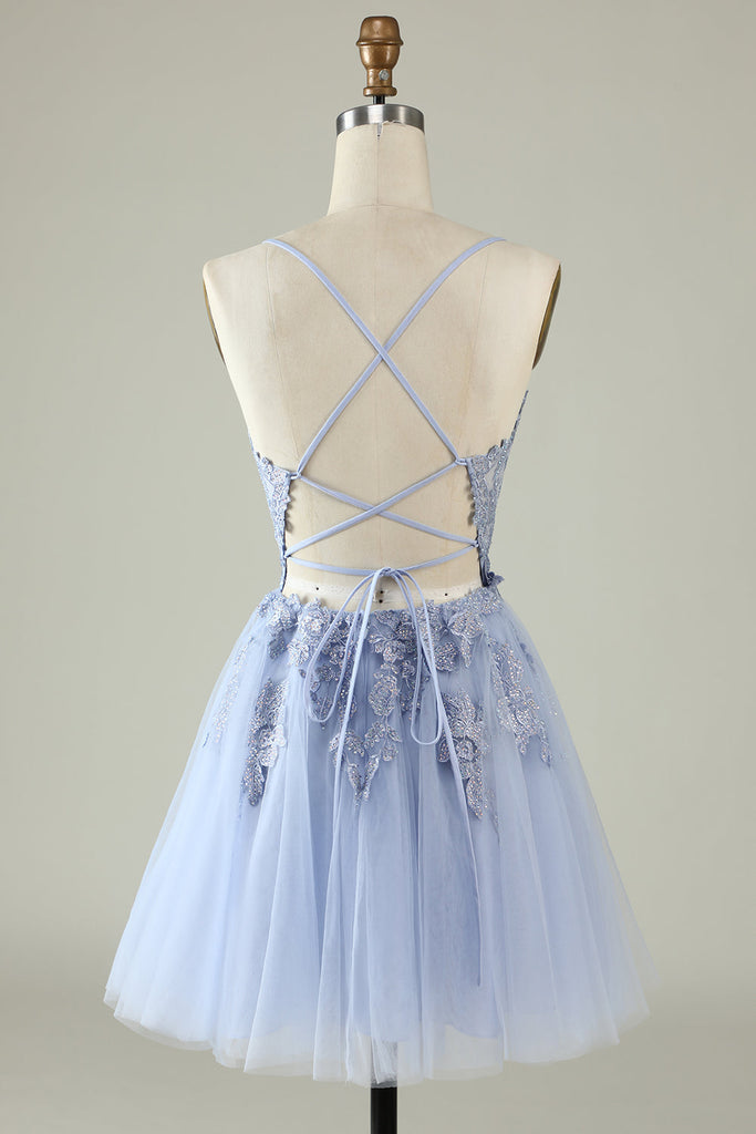 Short A-line Strapless Spaghetti Straps Tulle Lace Backless Formal Prom Homecoming Dresses main image 1