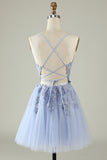 Spaghetti Straps Dark Green Short Tulle Homecoming Dress with Appliques