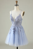Spaghetti Straps Tulle Light Purple Short Homecoming Dress with Appliques