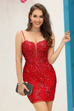 Bodycon Spaghetti Straps Red Sequins Short Homecoming Dress with Criss Cross Back