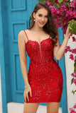 Bodycon Spaghetti Straps Red Sequins Short Homecoming Dress with Criss Cross Back