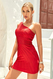 Bodycon One Shoulder Red Short Homecoming Dress with Beading