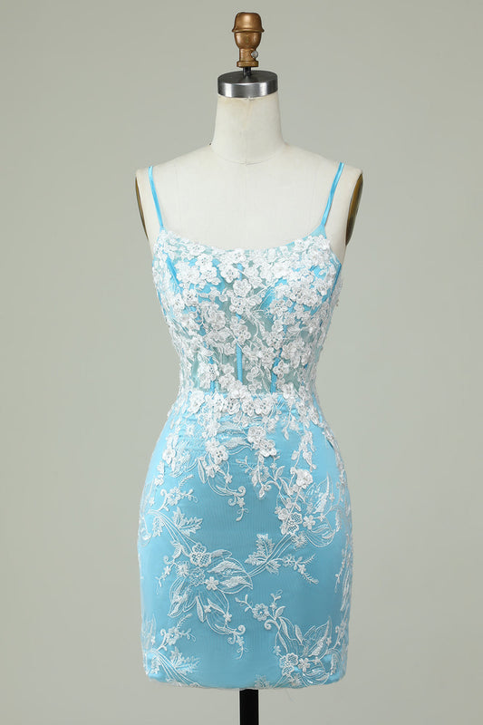 Sheath Spaghetti Straps Light Blue Short Homecoming Dress with Appliques