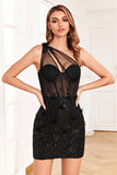 Sparkly Black Corset Sequins Tight Short Homecoming Dress
