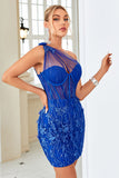 Bodycon One Shoulder Royal Blue Short Homecoming Dress with Appliques