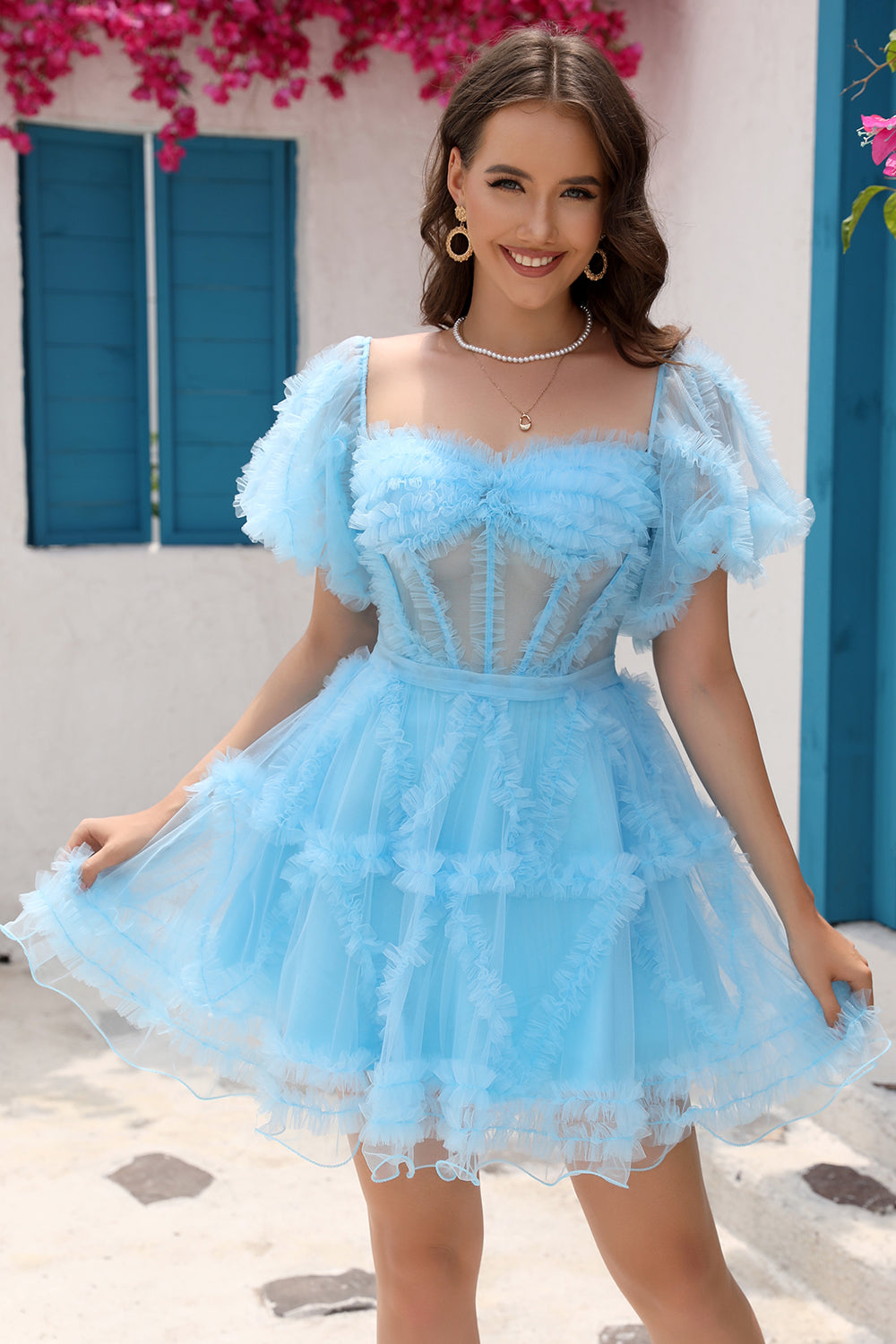 Zapakasa Women Homecoming Dress Blue Tulle Off The Shoulder A-Line ...
