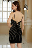 Sparkly Sheath Spaghetti Straps Black Short Homecoming Dress with Beading