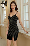 Sparkly Sheath Spaghetti Straps Black Short Homecoming Dress with Beading