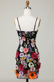 Bodycon Spaghetti Straps Black Homecoming Dress with 3D Flowers