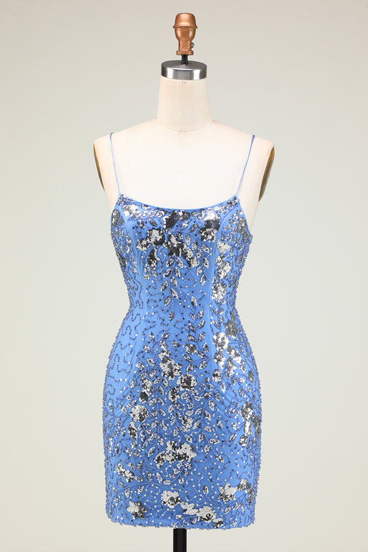 Stylish Bodycon Spaghetti Straps Blue Short Homecoming Dress with Sequins