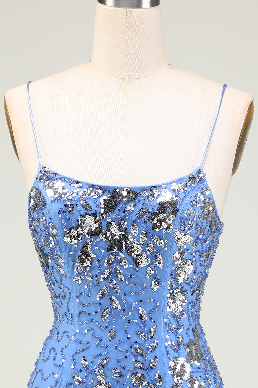 Stylish Bodycon Spaghetti Straps Blue Short Homecoming Dress with Sequins