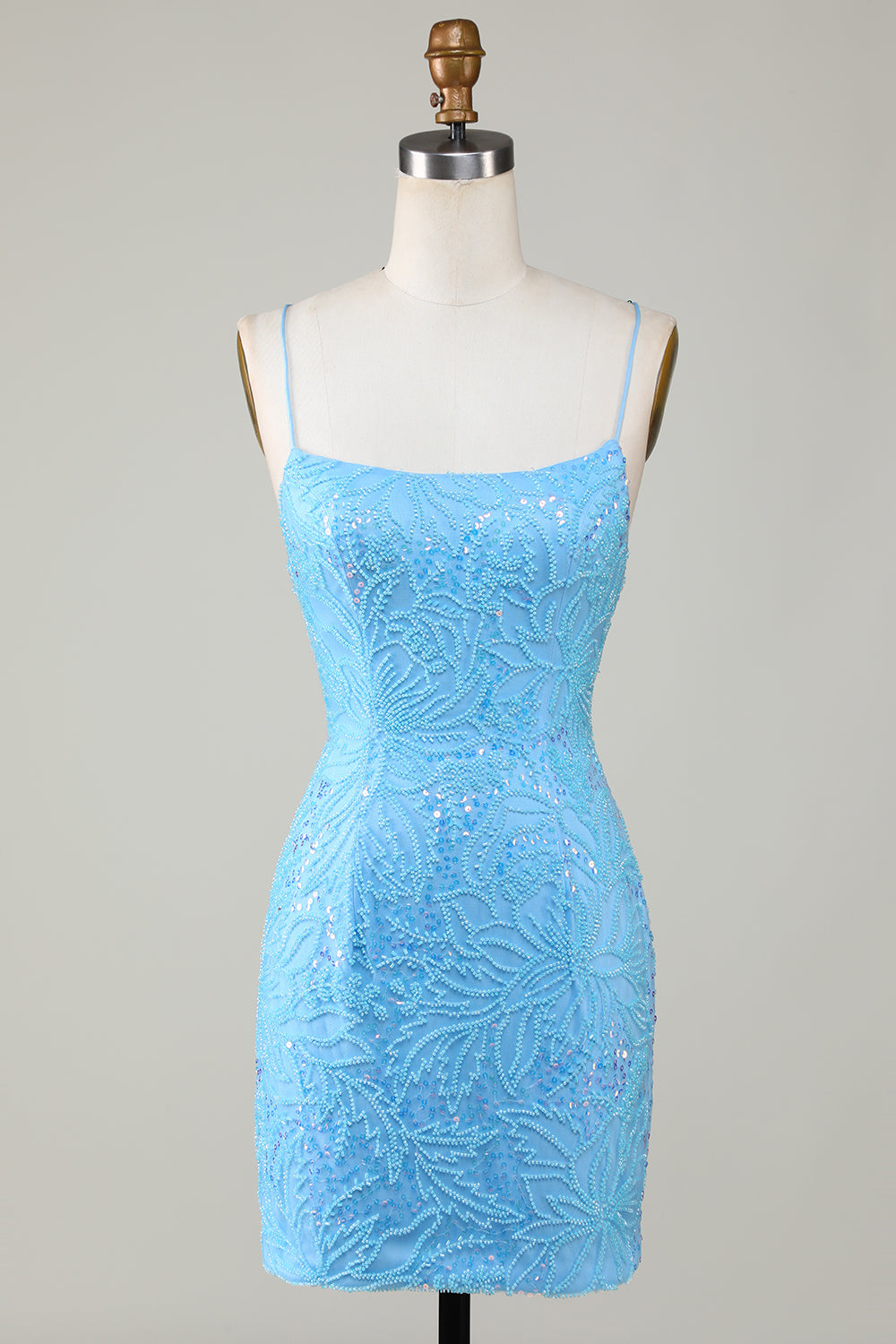 Zapaka Women Sparkly Blue Beaded Tight Short Homecoming Dress Spaghetti Straps Lace-Up Back Cocktail Dress, Blue / US4 Zapaka Women Sparkly Blue Beaded Tight Short Homecoming Dress Spaghetti Straps Lace-Up Back Cocktail Dress, Blue / US4