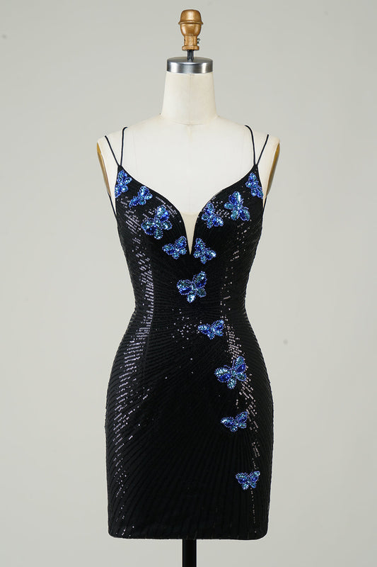 Black Glitter Tight Homecoming Dress with Sequins Butterflies