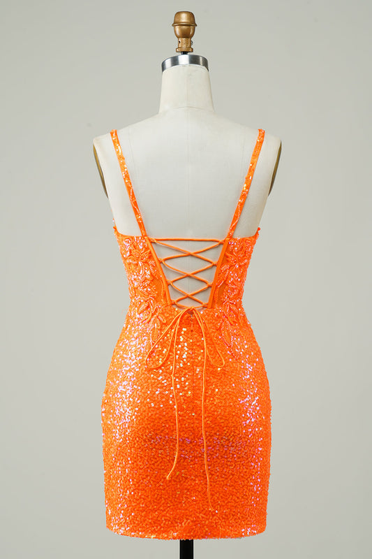 Glitter Orange Tight Homecoming Dress with Beaded
