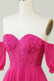 Fuchsia Corset A-Line Chiffon Short Homecoming Dress with Lace